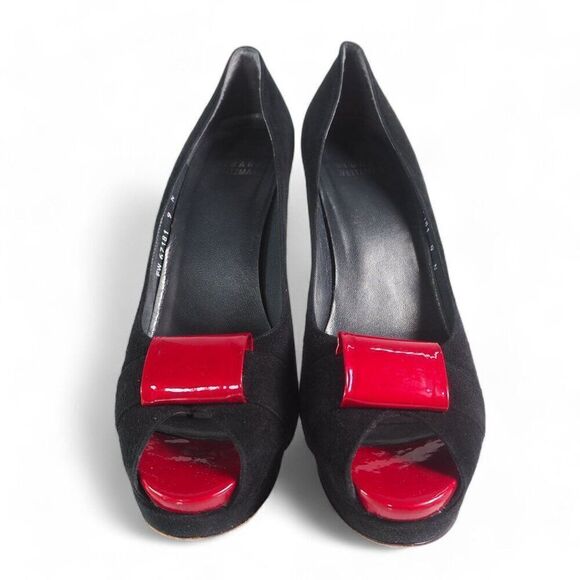 Stuart Weitzman Suede Peep Toe Heels Black / Red Women's 9N (Narrow) - Picture 3 of 12